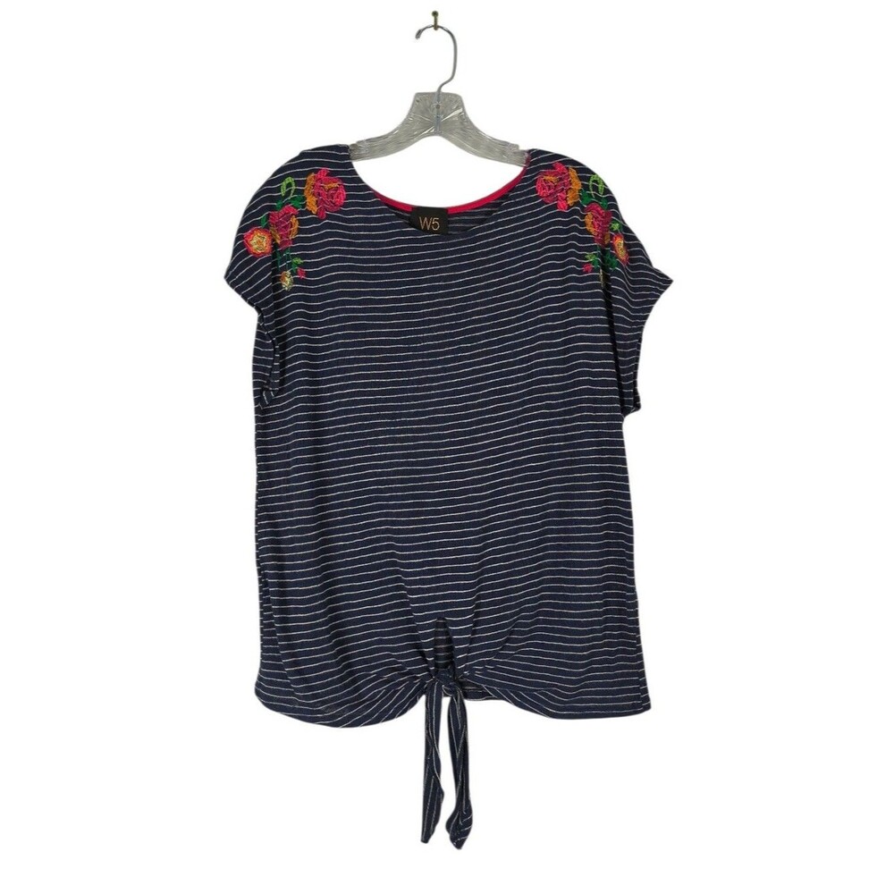 W5 Top Women's XL Navy Striped Tie Hem Floral Embroidery Short Sleeves Casual